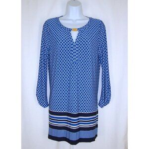 Anne Klein Blue Retro Shift Dress 4 Geometric Keyhole Neck Long Sleeve Stretch